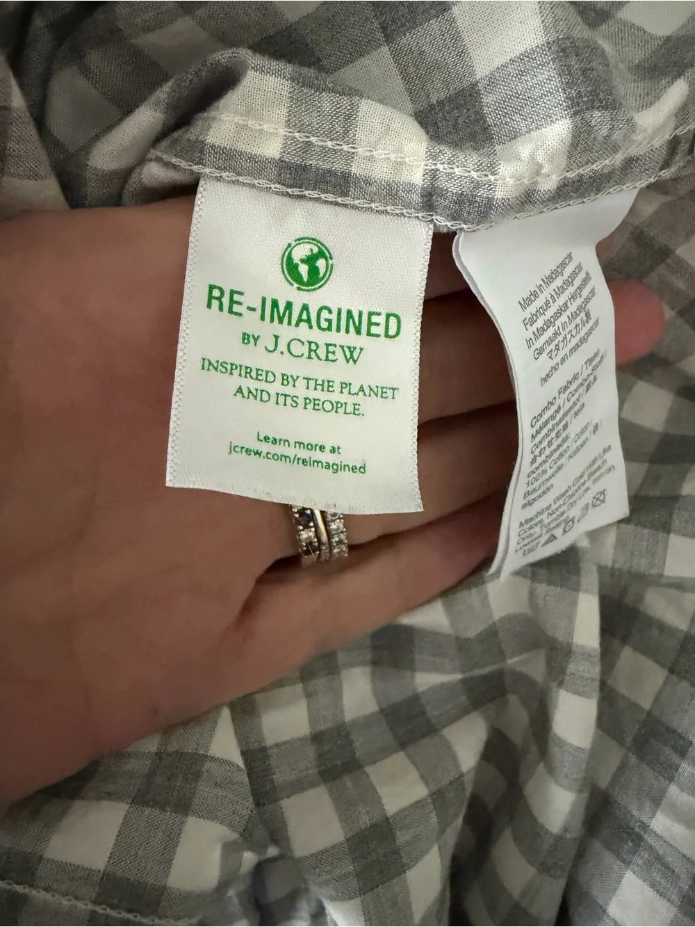 J.Crew Secret Wash Gingham Organic Cotton Button Down Shirt Gray White XL